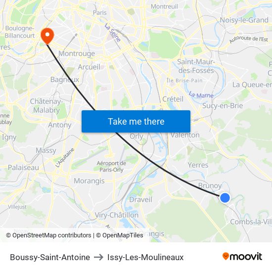 Boussy-Saint-Antoine to Issy-Les-Moulineaux map