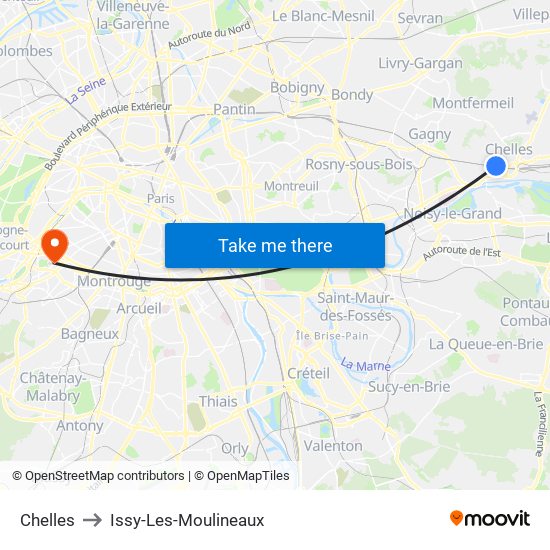 Chelles to Issy-Les-Moulineaux map