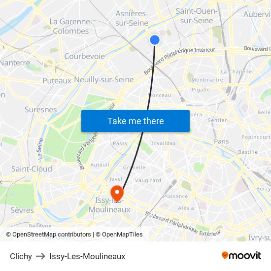 Clichy to Issy-Les-Moulineaux map