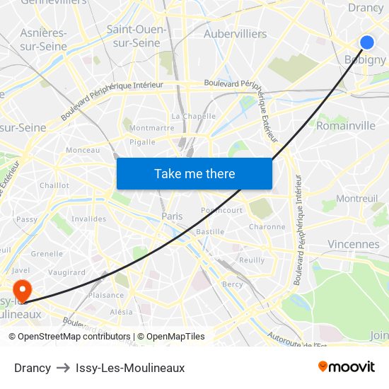 Drancy to Issy-Les-Moulineaux map