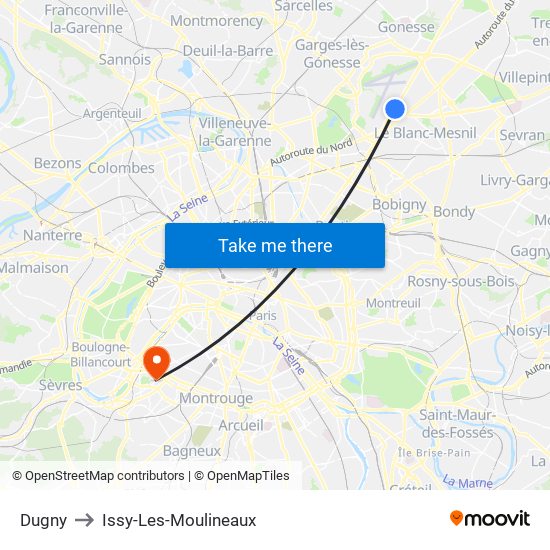 Dugny to Issy-Les-Moulineaux map
