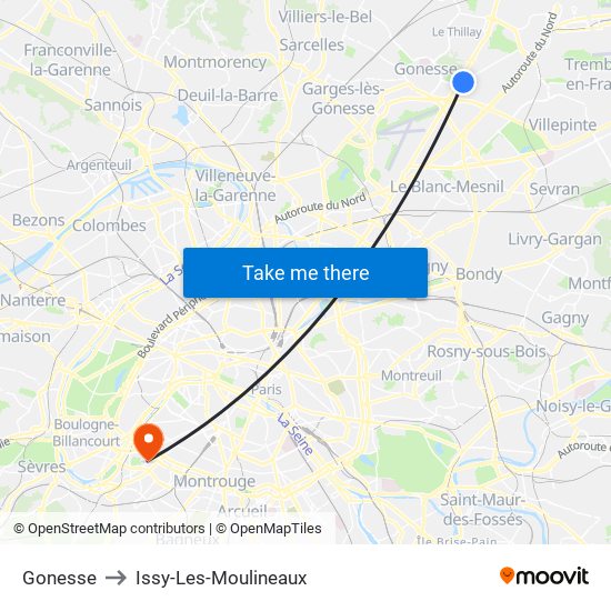 Gonesse to Issy-Les-Moulineaux map