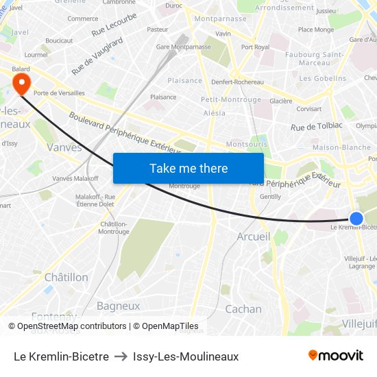 Le Kremlin-Bicetre to Issy-Les-Moulineaux map