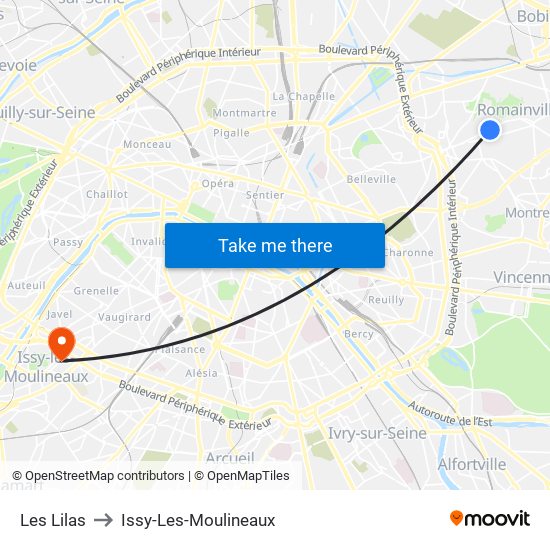 Les Lilas to Issy-Les-Moulineaux map