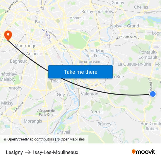 Lesigny to Issy-Les-Moulineaux map