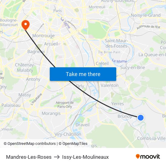 Mandres-Les-Roses to Issy-Les-Moulineaux map