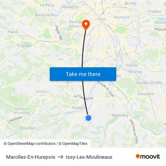 Marolles-En-Hurepoix to Issy-Les-Moulineaux map