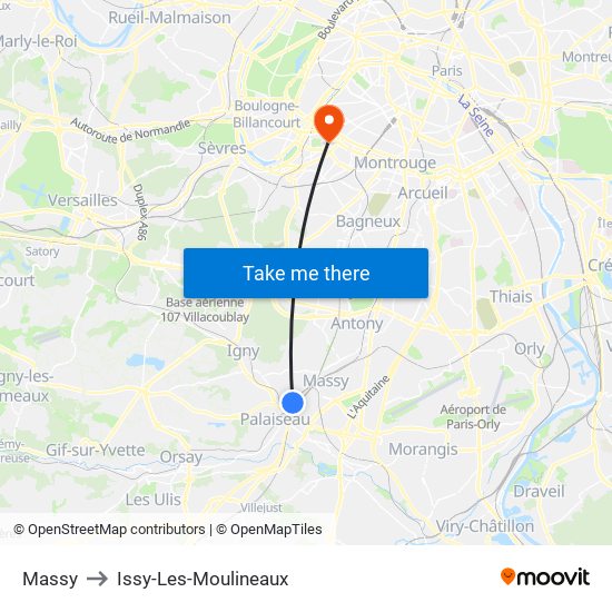 Massy to Issy-Les-Moulineaux map