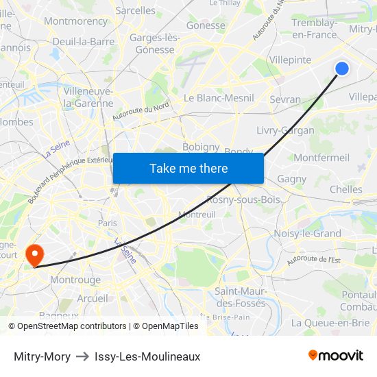 Mitry-Mory to Issy-Les-Moulineaux map