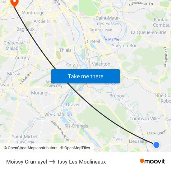 Moissy-Cramayel to Issy-Les-Moulineaux map