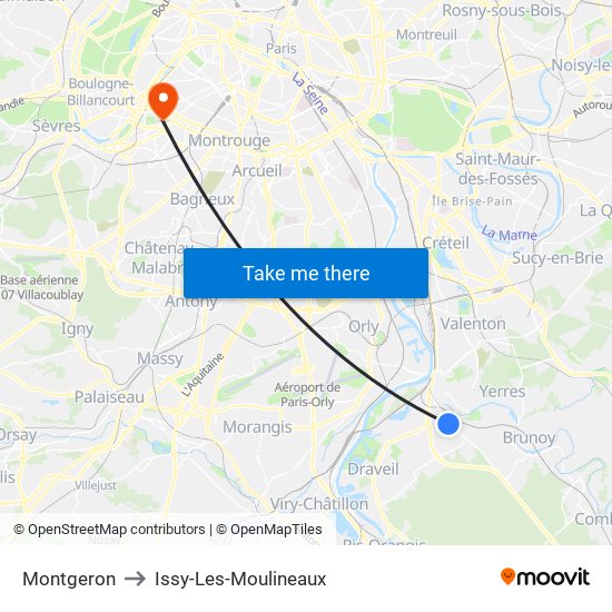 Montgeron to Issy-Les-Moulineaux map