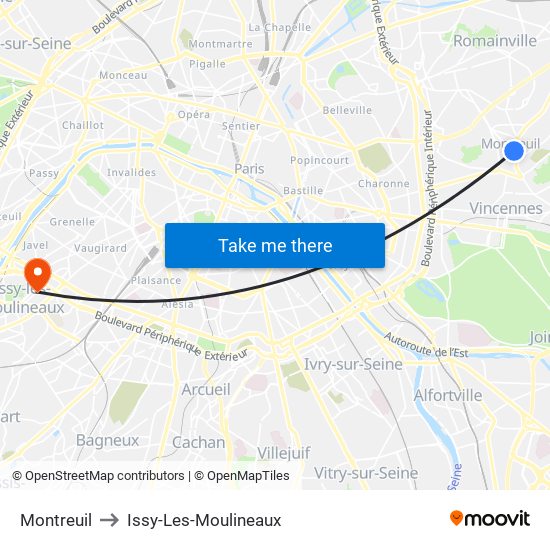 Montreuil to Issy-Les-Moulineaux map