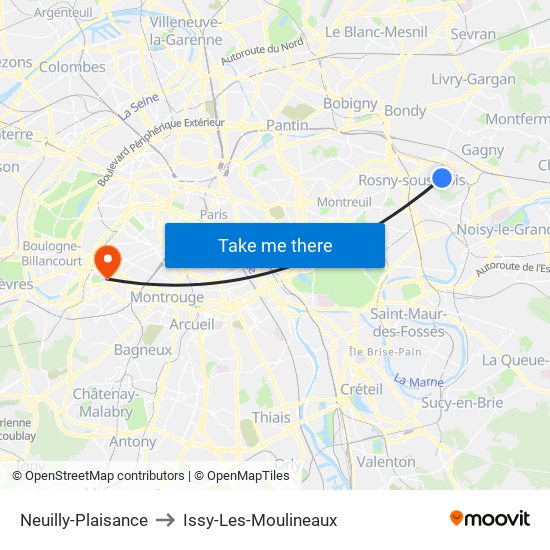 Neuilly-Plaisance to Issy-Les-Moulineaux map