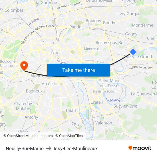 Neuilly-Sur-Marne to Issy-Les-Moulineaux map