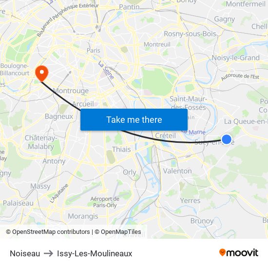 Noiseau to Issy-Les-Moulineaux map