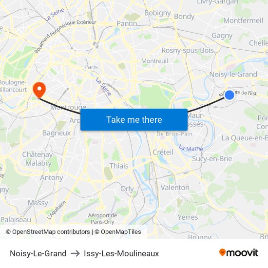 Noisy-Le-Grand to Issy-Les-Moulineaux map