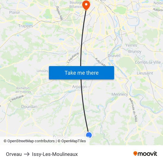 Orveau to Issy-Les-Moulineaux map