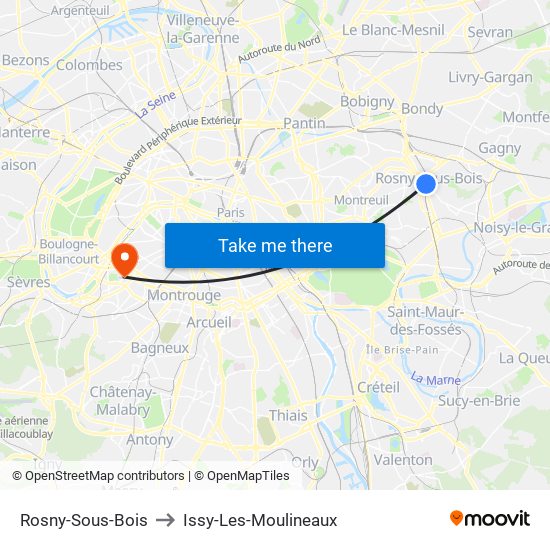 Rosny-Sous-Bois to Issy-Les-Moulineaux map