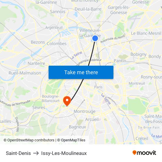Saint-Denis to Issy-Les-Moulineaux map