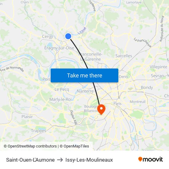 Saint-Ouen-L'Aumone to Issy-Les-Moulineaux map