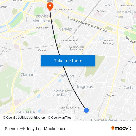 Sceaux to Issy-Les-Moulineaux map