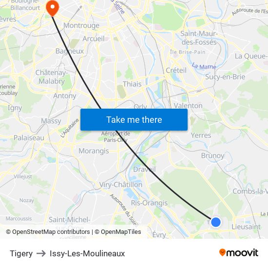 Tigery to Issy-Les-Moulineaux map