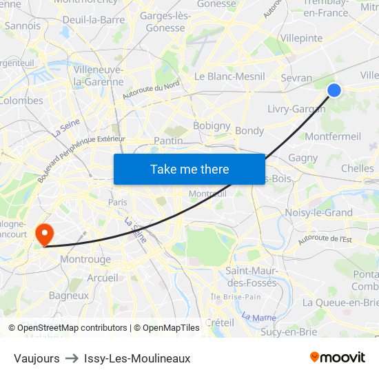 Vaujours to Issy-Les-Moulineaux map