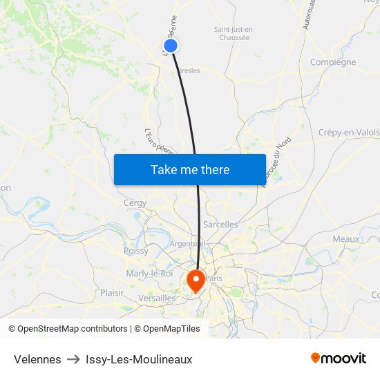 Velennes to Issy-Les-Moulineaux map