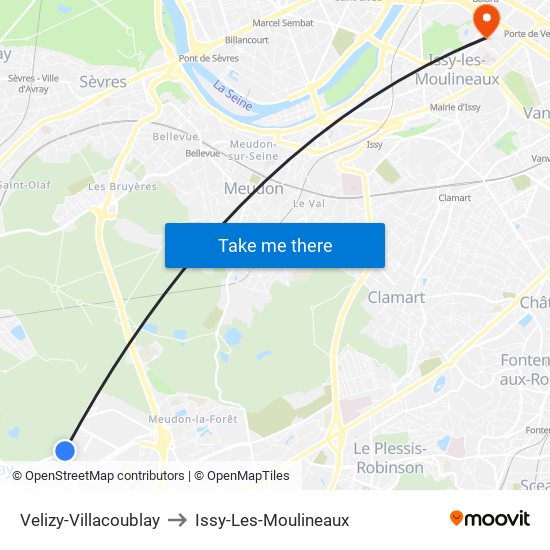 Velizy-Villacoublay to Issy-Les-Moulineaux map
