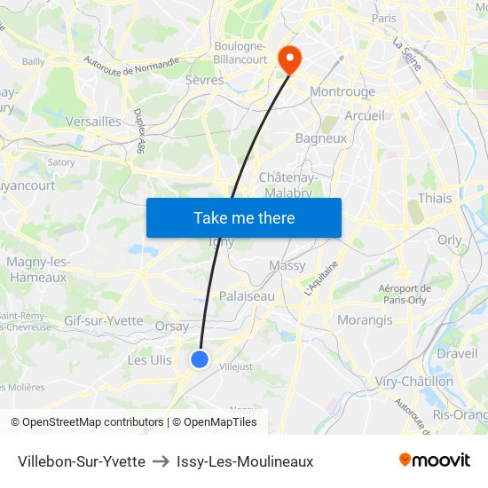 Villebon-Sur-Yvette to Issy-Les-Moulineaux map