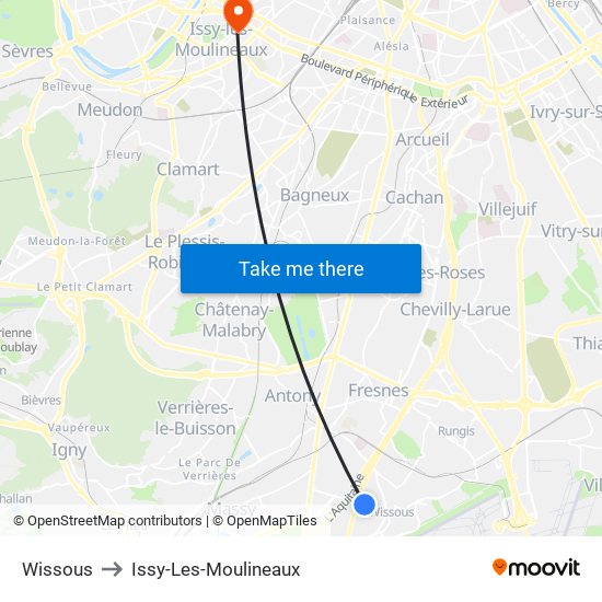 Wissous to Issy-Les-Moulineaux map