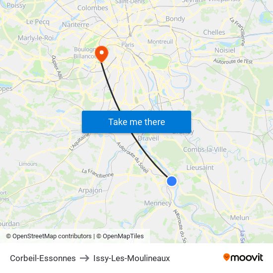 Corbeil-Essonnes to Issy-Les-Moulineaux map