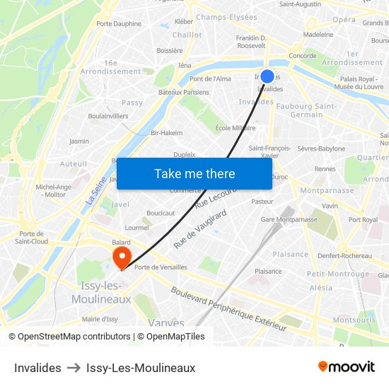 Invalides to Issy-Les-Moulineaux map