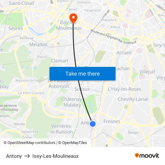 Antony to Issy-Les-Moulineaux map