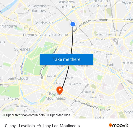 Clichy - Levallois to Issy-Les-Moulineaux map