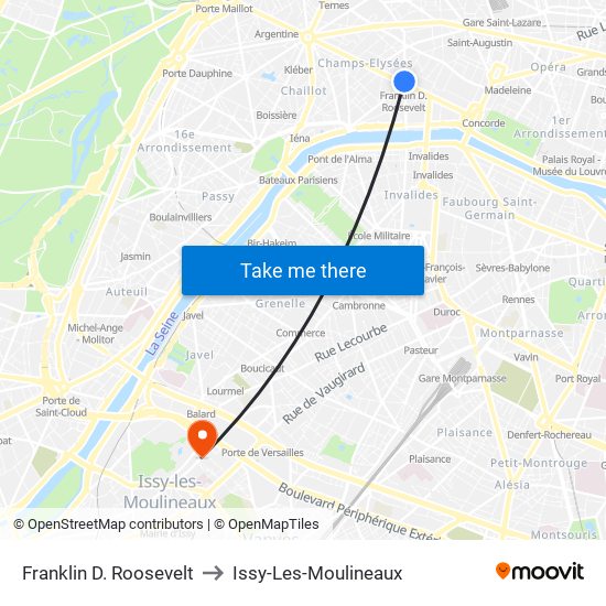 Franklin D. Roosevelt to Issy-Les-Moulineaux map