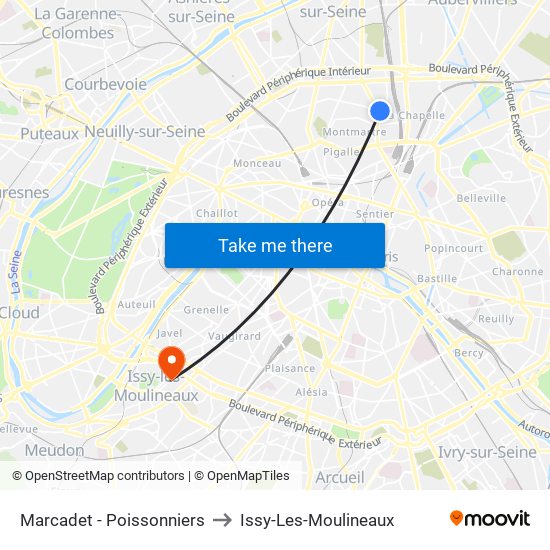 Marcadet - Poissonniers to Issy-Les-Moulineaux map