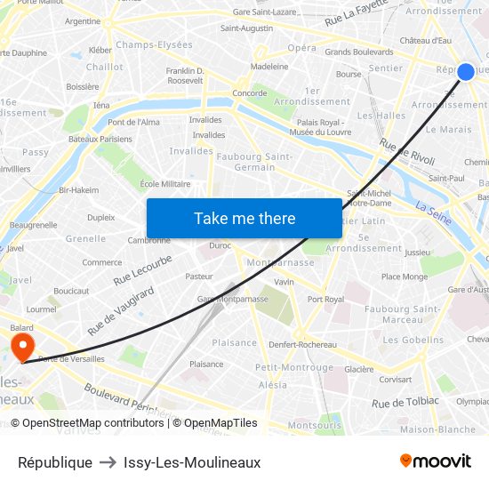 République to Issy-Les-Moulineaux map