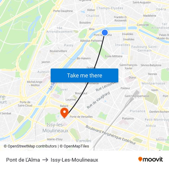 Pont de L'Alma to Issy-Les-Moulineaux map