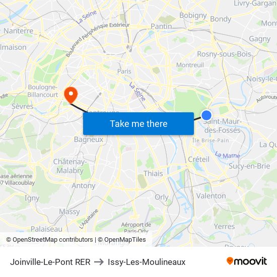 Joinville-Le-Pont RER to Issy-Les-Moulineaux map