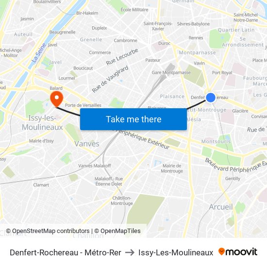 Denfert-Rochereau - Métro-Rer to Issy-Les-Moulineaux map
