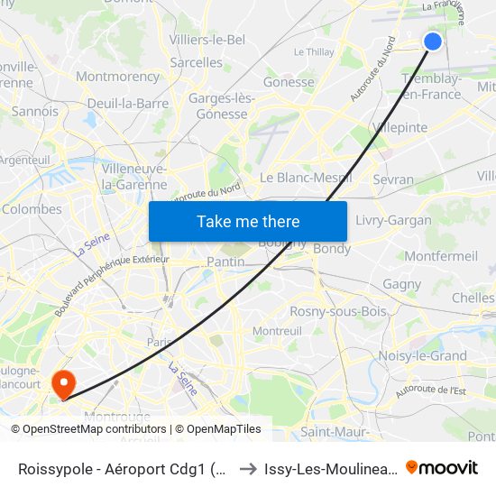 Roissypole - Aéroport Cdg1 (E2) to Issy-Les-Moulineaux map