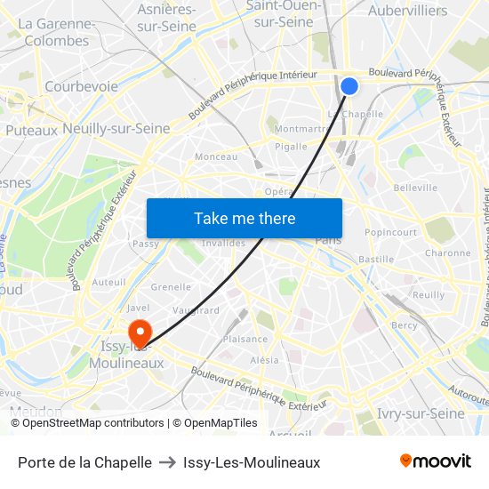 Porte de la Chapelle to Issy-Les-Moulineaux map