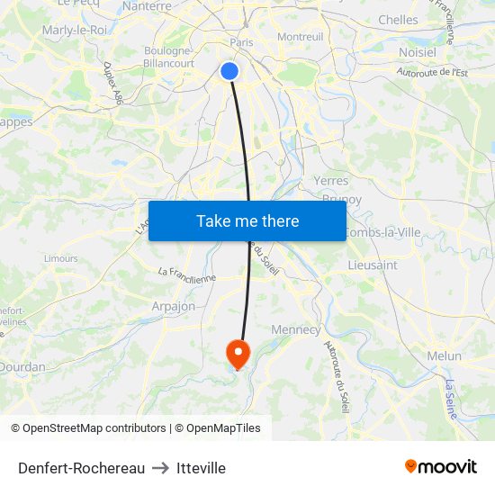 Denfert-Rochereau to Itteville map