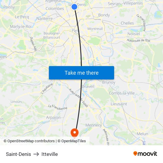 Saint-Denis to Itteville map