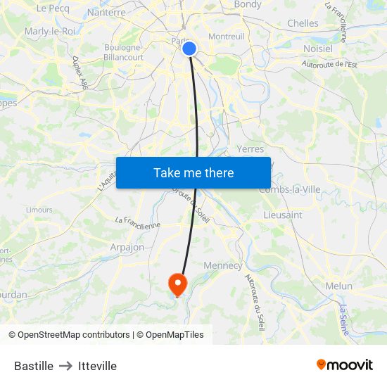 Bastille to Itteville map