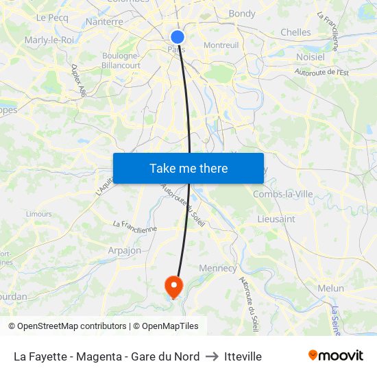 La Fayette - Magenta - Gare du Nord to Itteville map