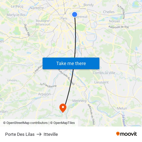 Porte Des Lilas to Itteville map