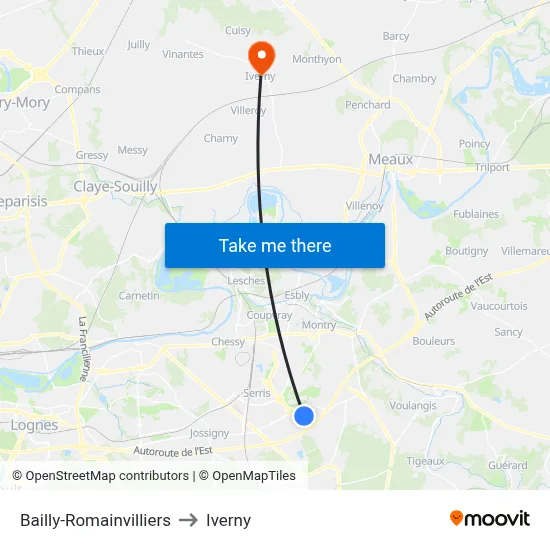 Bailly-Romainvilliers to Iverny map