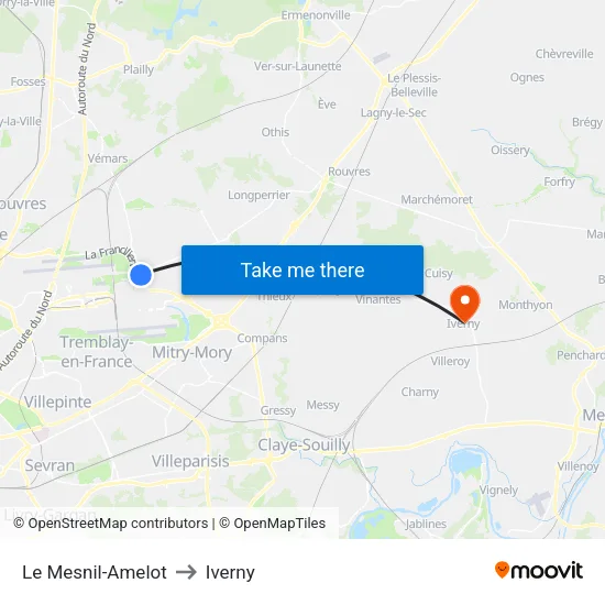 Le Mesnil-Amelot to Iverny map